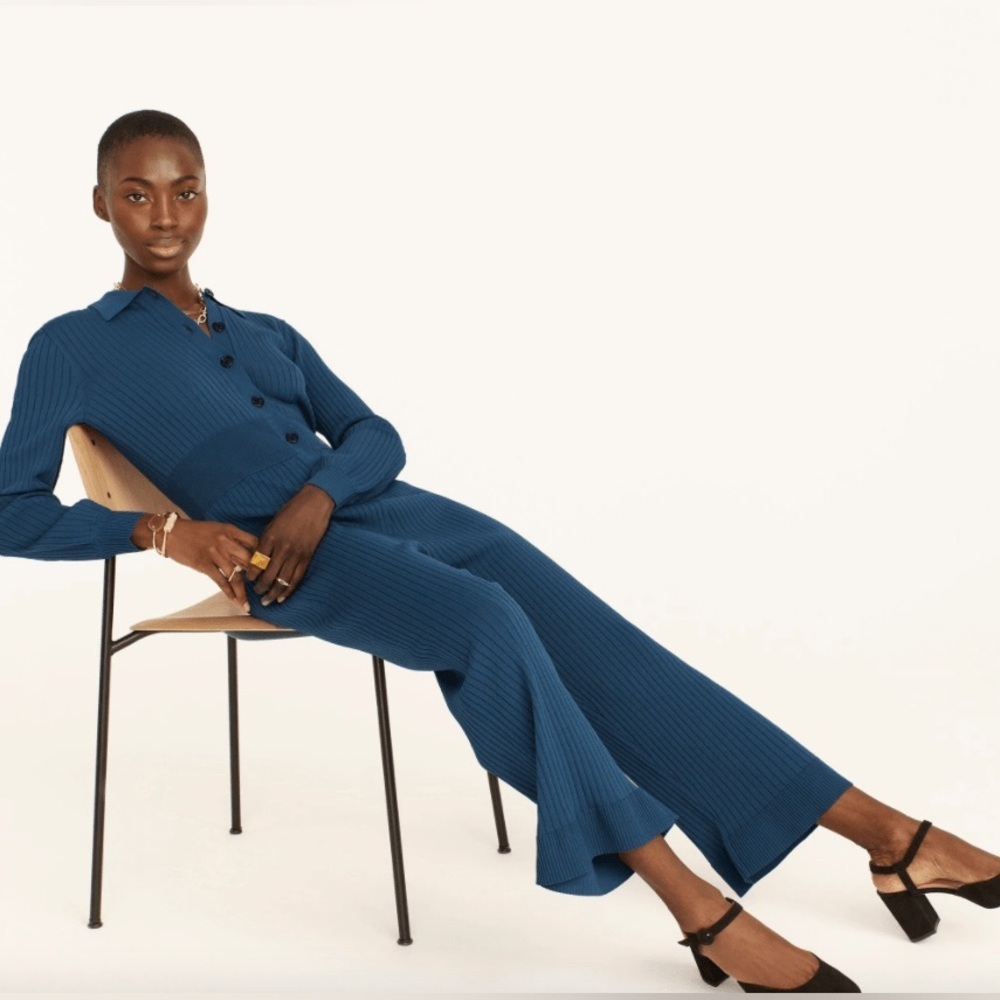 J.Crew Dark Blue Ribbed Cropped Wide Leg Jumpsuit NWOT Women’s Size Small